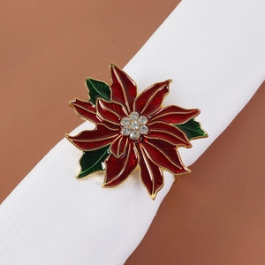 Christmas Poinsettia Napkin Rings Alloy Enamel Rhinestone Flower Table Decor For Holiday Dinner Party Hotel Wedding