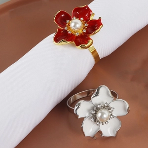 Floral pearl napkin rings with rhinestones in red and white for wedding table decor