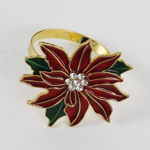 Golden Christmas Poinsettia napkin ring with red enamel and sparkling rhinestones