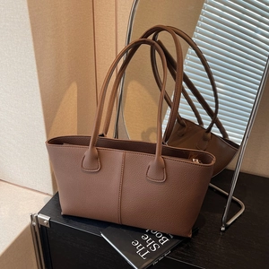 Women Large Capacity Tote Bag Lychee Pattern PU Leather Minimalist Shoulder Bag For Commuting School Solid Color Chic