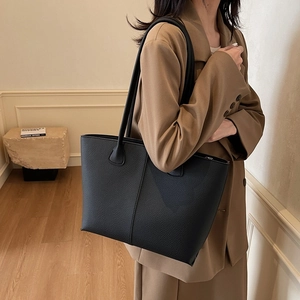 Minimalist black pebble grain tote bag with long straps for women's office commuting