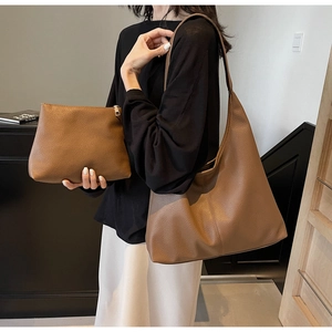 Brown litchi grain leather tote bag set with matching inner pouch for daily commuting