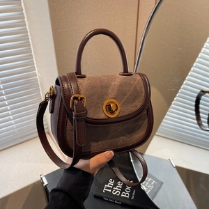 Retro PU Leather Saddle Crossbody Bag For Women Vintage Patchwork Shoulder Bag With Metal Rotary Lock Top Handle Handbag