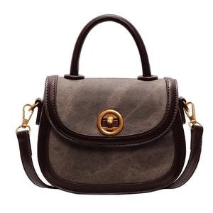 Retro contrast stitching crossbody saddle bag with brown leather and textured fabric