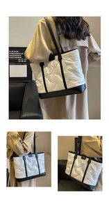 Detail of white quilted tote bag with black PU leather straps and side view of texture