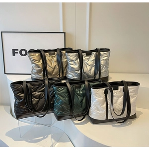 Quilted puffer tote bag collection in metallic gold silver black green and white colors