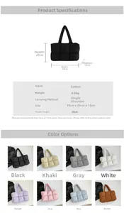 Quilted tote bag detailed size chart and dimensions 39x25x13cm in various colors