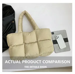 Beige quilted tote bag size comparison with smartphone and tablet on white background