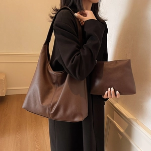 Large dark brown leather hobo tote bag and matching pouch for women office commuting