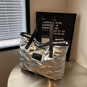Sac Cabas Matelassé Puffer Métallique Coton Perlé Grande Capacité Sac À Main Bandoulière Pour Femmes Mode Hiver