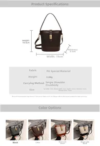 Detailed size specifications and color options for the trendy women's bucket bag