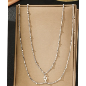 Double-layered silver body chain with small beads and round zircon pendant for women
