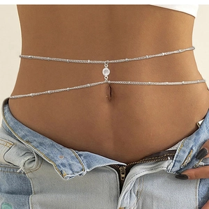 Stainless Steel Double Layer Waist Chain With Round Zirconia Pendant And Beads Summer Beach Body Chain Jewelry For Women