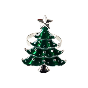 Silver star Christmas tree napkin ring with green enamel finish for elegant table setting