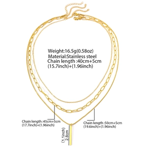 Collana a tre strati in acciaio inossidabile dorato con pendente a barra verticale