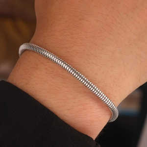Minimalist silver snake bone chain bracelet in titanium steel for women with polished finish