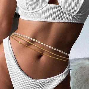 Three-layer multi-strand waist chain with elegant white pearls and gold metal sequins