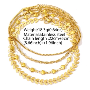 Three-piece gold stainless steel anklet set with heart charm and wheat chain