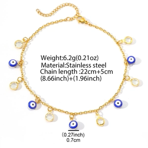 Bracelet de cheville en acier doré avec pendentifs œil bleu et cristaux clairs