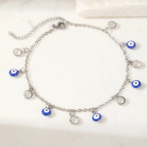 Bracelet de cheville élégant avec œil maléfique bleu et cristaux sur chaîne argent