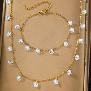 Exquisite 18k gold plated stainless steel jewelry set with round crystal pendants