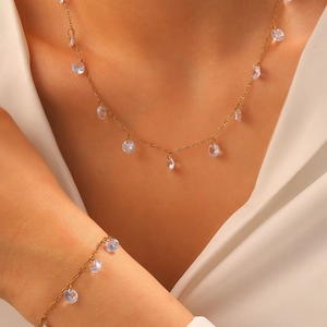 18K Gold Plated Stainless Steel Necklace And Bracelet Jewelry With Elegant Round Zirconia Pendants For Women Fashion Accessory