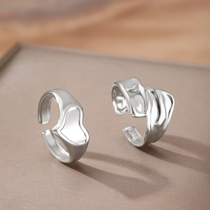 Minimalist silver gold-plated snake chain heart open ring set with polished liquid texture