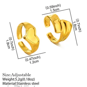 Adjustable heart-shaped gold plated stainless steel ring with elegant snake chain detail