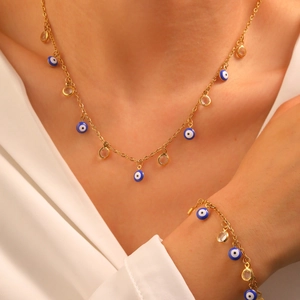 Evil Eye Necklace And Bracelet Jewelry Stainless Steel Gold Plated Crystal Charm Turkish Style For Women