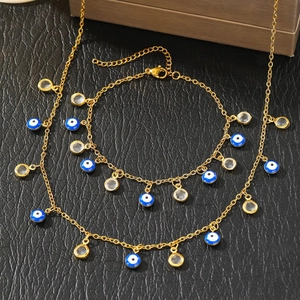 Golden 18K stainless steel Evil Eye necklace and bracelet set with blue charms
