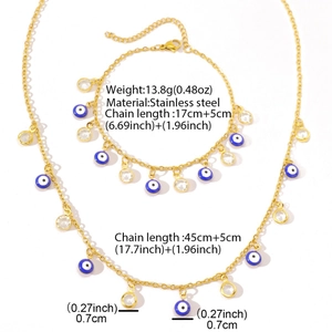 18K gold plated stainless steel evil eye necklace and bracelet jewelry set with blue beads