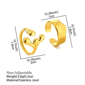 Irregular gold stainless steel open rings with organic and hammered texture design