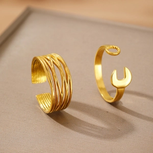 Minimalist gold-plated stainless steel geometric interlaced and wrench-shaped open rings