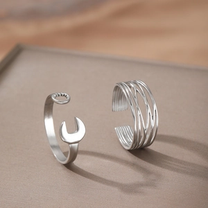 Adjustable silver stainless steel rings with wrench and multi-layer geometric cross designs