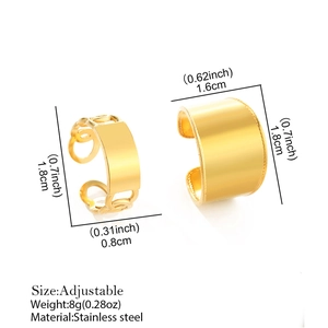 Adjustable 18K gold stainless steel wide band ring and chain link ring set with dimensions