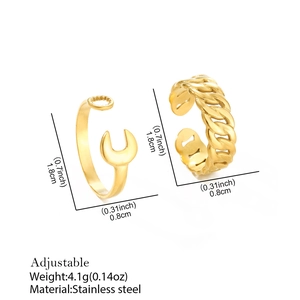 Two-piece 18K gold plated stainless steel ring set featuring chain and wrench designs