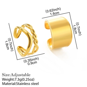 Gold stainless steel adjustable wide band and twisted rope ring set for women