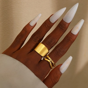 Stainless Steel Wide Band Rings For Women Adjustable Open Finger Jewelry Minimalist Beaded Edge Twisted Texture Fashion