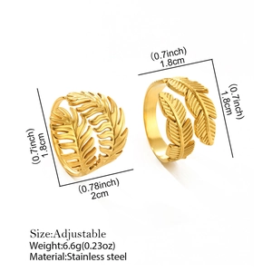 Adjustable leaf-shaped stainless steel ring in gold finish with detailed leaf textures