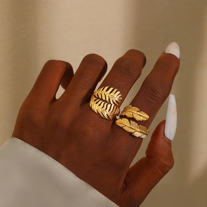 Stainless Steel Leaf Feather Adjustable Open Rings For Women Men Non Fading Minimalist Exaggerated Fashion Jewelry