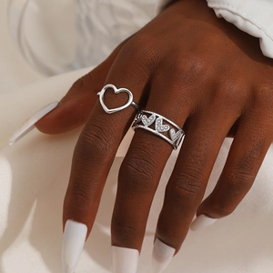 Adjustable silver heart ring set with cubic zirconia for women in minimalist style