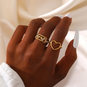 Stainless Steel Heart Rings Hollow Out Micro Pave Zircon Adjustable Open Ring Minimalist Hip Hop Vintage Fashion Jewelry