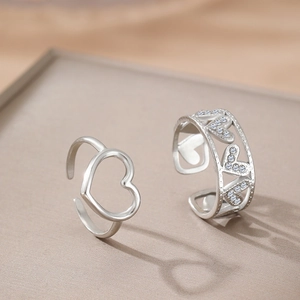 Silver micro-set zircon heart rings with minimalist open adjustable band design