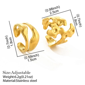 Exaggerated irregular 18K gold plated stainless steel open rings with adjustable design