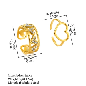 Adjustable gold stainless steel two-piece heart ring set with micro-pave cubic zirconia