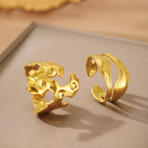 Irregular textured and wavy 18K gold plated stainless steel open rings for women