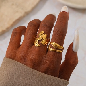 Irregular Wavy Lava Textured Open Rings 304 Stainless Steel 18K Gold Plated Adjustable Fashion Unisex Jewelry