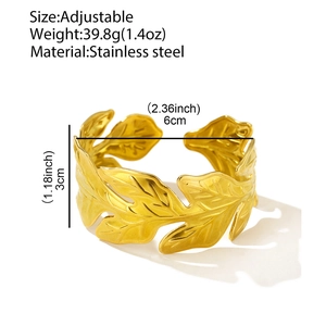 Bracciale regolabile in acciaio inossidabile dorato con texture a foglia