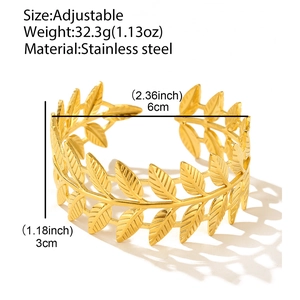 Adjustable golden laurel leaf arm cuff bracelet made of durable stainless steel