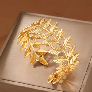 Golden olive leaf open arm cuff bracelet with matte textured finish for Roman bridal style